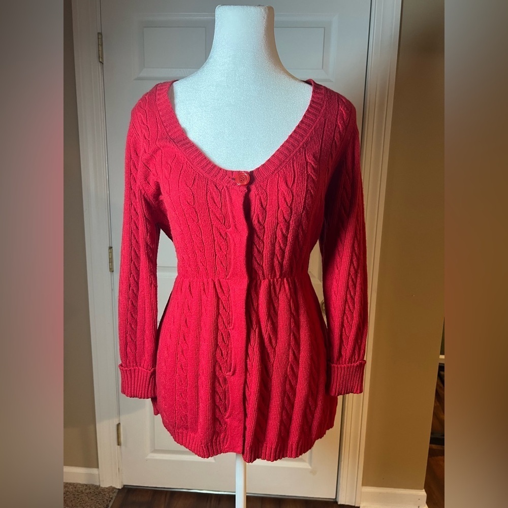Boston Proper Red Cable Knit Cardigan With Waist Tie Festive Holiday Size Medium